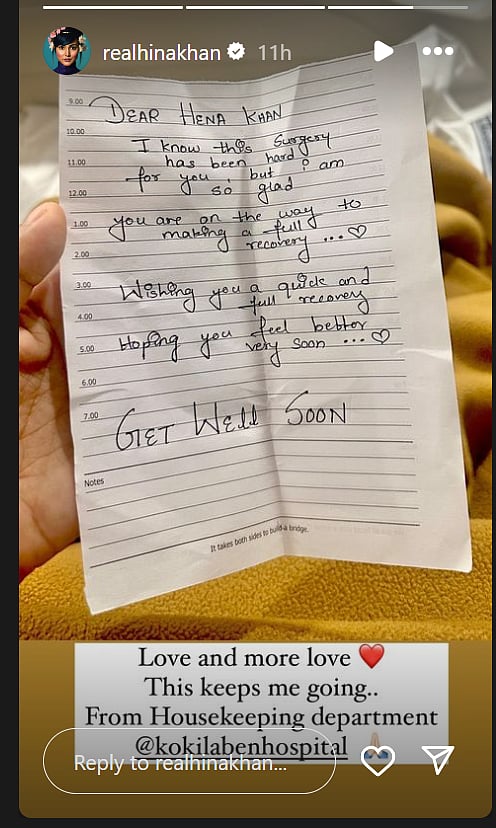 Hina Khan receives a handwritten note from hospital staff